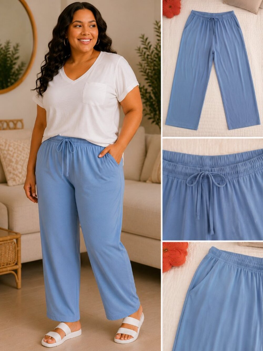Woman Within Sky Blue Wide-Leg Lounge Pants | Plus Size 26/28